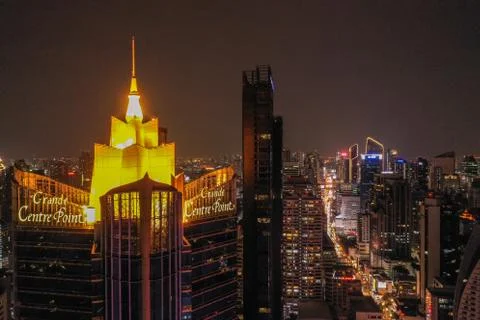 Aerial view of Asoke intersection and sky train station in Bangkok Thailand Photos