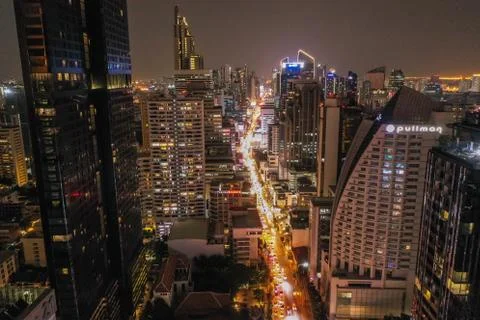 Aerial view of Asoke intersection and sky train station in Bangkok Thailand Photos
