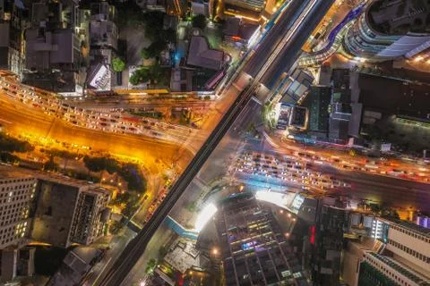 Aerial view of Asoke intersection and sky train station in Bangkok Thailand Stock Photos