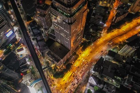 Aerial view of Asoke intersection and sky train station in Bangkok Thailand Photos