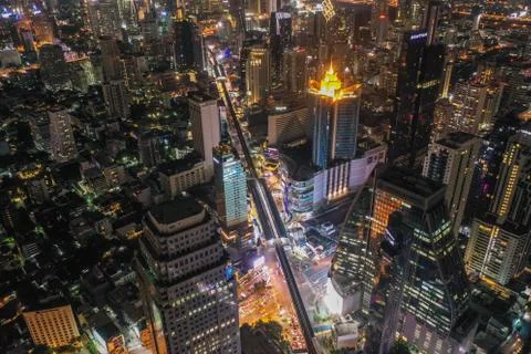 Aerial view of Asoke intersection and sky train station in Bangkok Thailand Photos