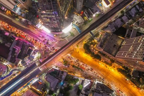 Aerial view of Asoke intersection and sky train station in Bangkok Thailand Photos