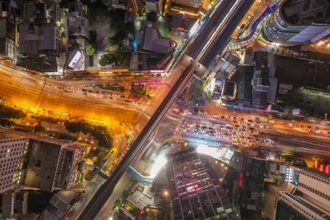 Aerial view of Asoke intersection and sky train station in Bangkok Thailand Stock Photos