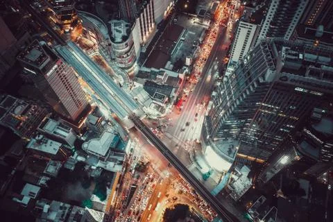 Aerial view of Asoke intersection and sky train station in Bangkok Thailand Photos