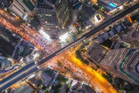 Aerial view of Asoke intersection and sky train station in Bangkok Thailand Stock Photos