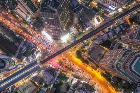 Aerial view of Asoke intersection and sky train station in Bangkok Thailand Photos