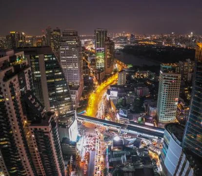 Aerial view of Asoke intersection and sky train station in Bangkok Thailand Stock Photos
