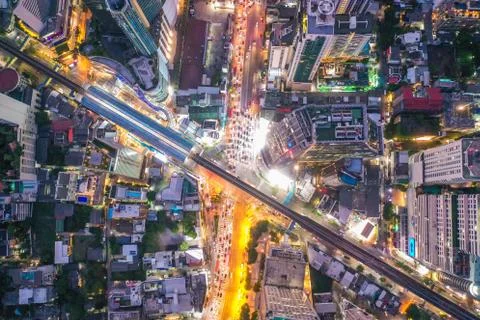 Aerial view of Asoke intersection and sky train station in Bangkok Thailand Photos