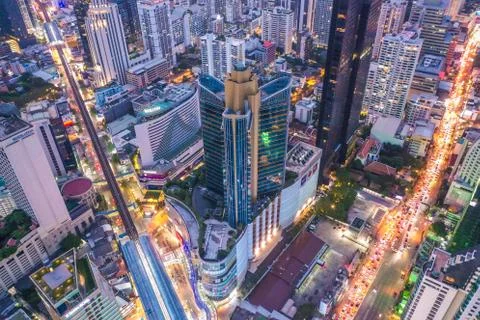 Aerial view of Asoke intersection and sky train station in Bangkok Thailand Stock Photos