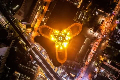 Aerial view of Asoke intersection and sky train station in Bangkok Thailand Photos