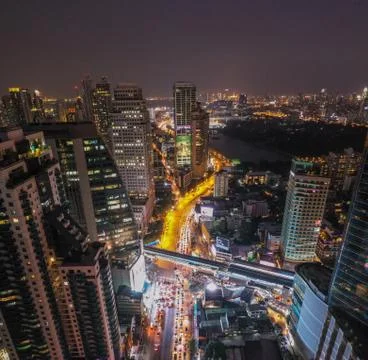 Aerial view of Asoke intersection and sky train station in Bangkok Thailand Stock Photos