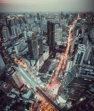 Aerial view of Asoke intersection and sky train station in Bangkok Thailand Stock Photos