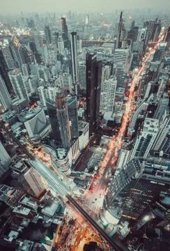 Aerial view of Asoke intersection and sky train station in Bangkok Thailand Photos