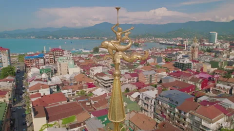 Aerial View Of The Astronomical Clock Tower In Batumi, Georgia Video stock 236950134