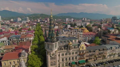 Aerial View Of The Astronomical Clock Tower In Batumi, Georgia Video stock 236950412