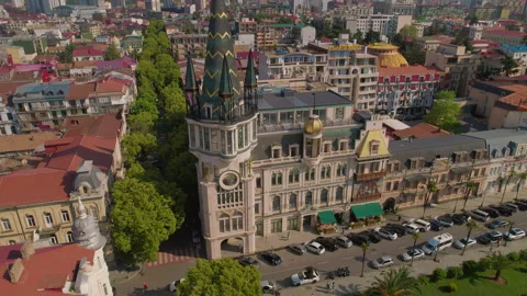 Aerial View Of The Astronomical Clock Tower In Batumi, Georgia Video stock 236950415