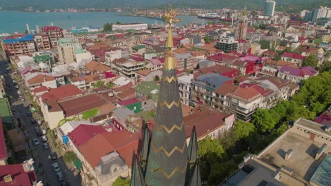 Aerial View Of The Astronomical Clock Tower In Batumi, Georgia Video stock 236950764
