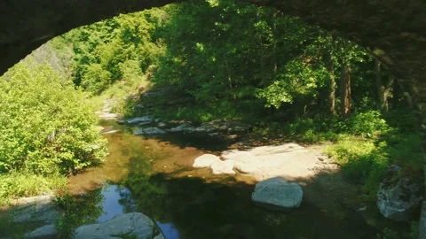 Aerial view Aterenski bridge, an old roman bridge in the Rhodope mountain near  Stockbeeldmateriaal 167721598