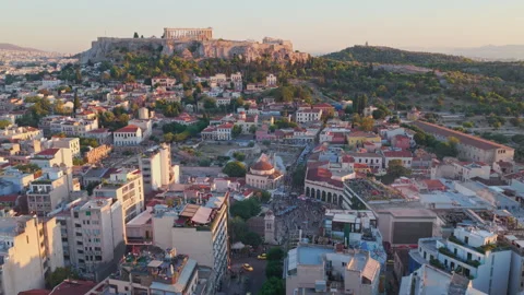 Aerial view of Athens with the Acropolis at sunset Stock Footage 346179039