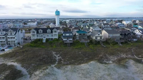 Aerial View of the Atlantic Beach water tower and vacation homes in North Ca Stock Footage 247992004