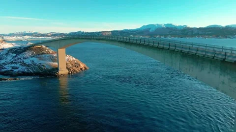 Aerial View of Atlantic Ocean Road in Winter with Snow Covered Landscape, Norway Stock Footage 315740676
