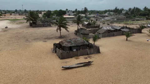 Aerial View of Atlantic Ocean Waves Crashing on Sandy Beach in Lome, Togo Stock-Footage 330972925