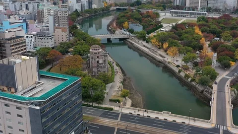 Aerial view of Atomic Bomb Dome (Peace Memorial) in city of Hiroshima - Japan Stock-Footage 121105874
