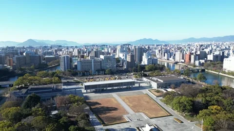 Aerial view of Atomic Bomb Dome, Peace Memorial Park Stock Footage 278546112