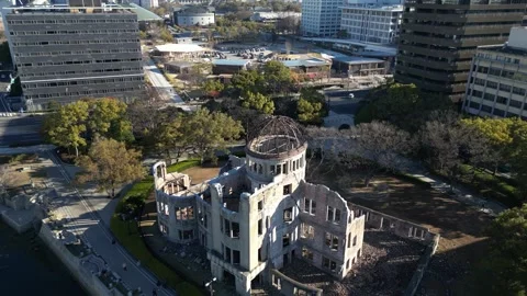 Aerial view of Atomic Bomb Dome, Peace Memorial Park Stock Footage 278546277