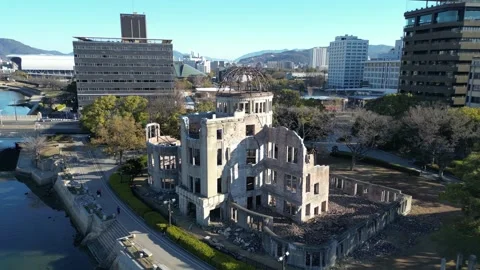 Aerial view of Atomic Bomb Dome, Peace Memorial Park Stock Footage 278546468