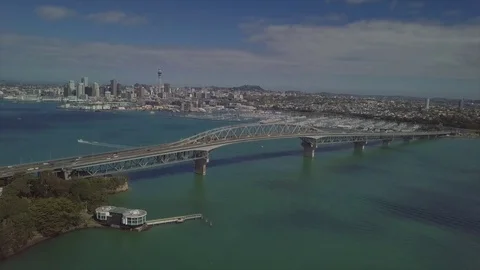Aerial view of Auckland skyline and Harbour bridge Stock Footage