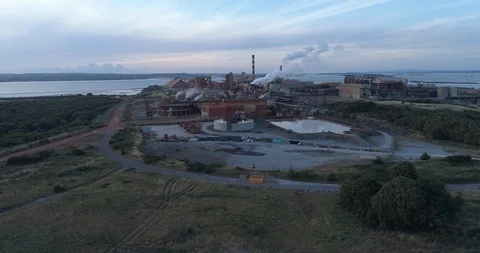 Aerial view of Aughinish Alumina Refinery on the Shannon River, Co Limerick Stock Footage