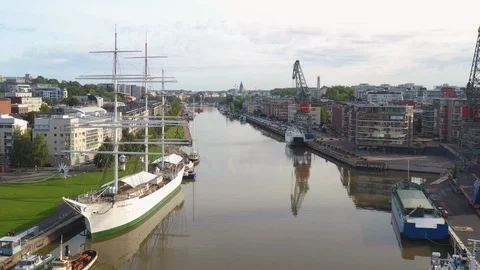 Aerial view of Aurajoki river and Swan of Finland sailing ship in Turku, Finland Stock Footage 124405700
