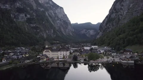 Aerial View of Austrian City. Hallstatt Drone Shot from Hallstatt near the Lake 스톡 동영상 252151986