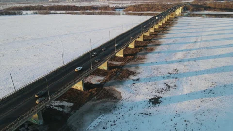Aerial view of the auto bridge over the river Stock Footage 171435315