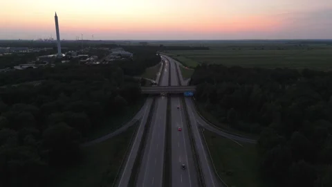 Aerial view of Autobahn highway junction at sunset near Bremen Germany 動画素材 336812089