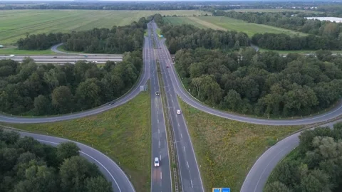Aerial view of Autobahn highway junction with exit ramps near Bremen Germany 動画素材 336812098