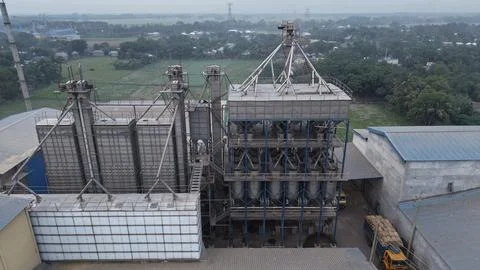 Aerial View of Automatic Rice Mill Factory in Khajanagar Kushtia Bangladesh. Stock Photos