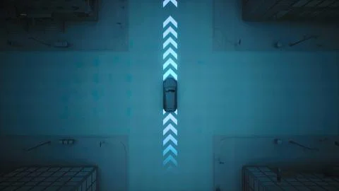 Aerial View of Autonomous High Tech Car Self Driving On Highway Emitting Waves Stock Illustration