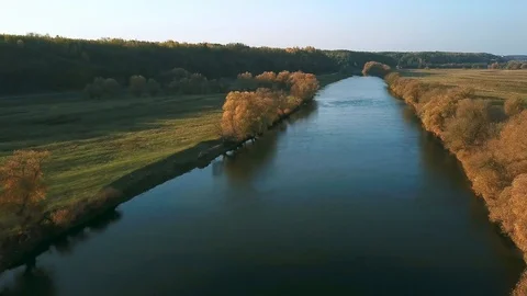 Aerial view of autumn trees by the river Stock Footage 128449367