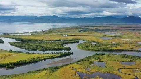 Aerial view of Avacha Bay river landscape, Russia. Stock Footage 345400050