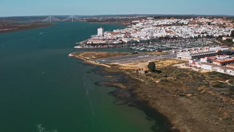 Aerial view of Ayamonte city and the Guadiana delta. Province of Huelva, Spain Stock Footage 262446053