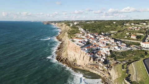 Aerial view of Azenhas do Mar, a small town in Colares municipality, Portugal. Stock Footage 154369089