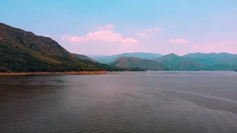 Aerial view of the back of the prado dam where you can see a lot of water lik Stock Footage 218048427