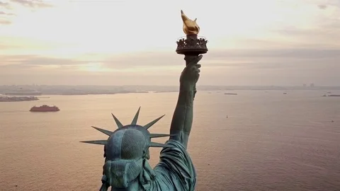 Aerial view from Back Statue of Liberty  and Ferry 4K Stock Footage 70061413