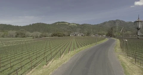 Aerial view backing out along road through the entrance of massive winery. Stock Footage 75733981