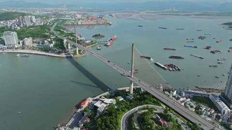 Aerial View of Bai Chay Bridge over Ha Long Bay in Quang Ninh, Vietnam Stock Footage 342690581