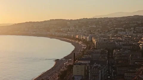 Aerial view Baie des Anges curving past the old town, Nice, Alpes-Maritimes, Stock Footage 344532564