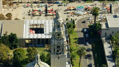 Aerial view Balboa Park square San Diego California Stock Footage