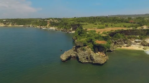 Aerial view of Bali shore cliffs covered by bushes Stock Footage 87511643